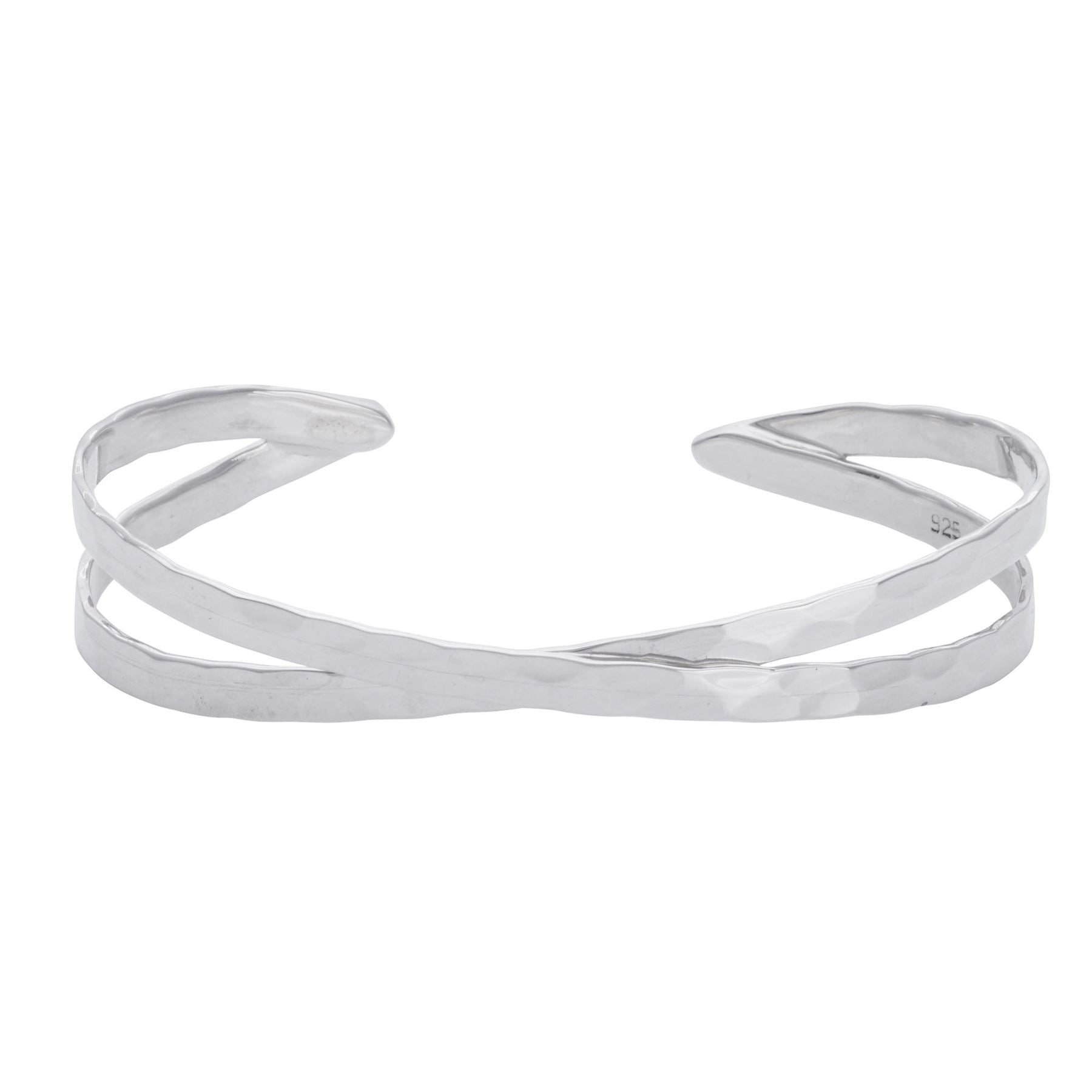 Sterling Hammered Crossover Bangle Adjustable Cuff Bracelet
