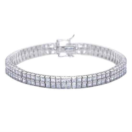 Sterling Silver Double Layer Square Cubic Zirconia Tennis Bracelet