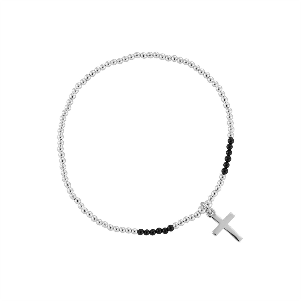 Sterling Silver Cross Beaded Stretch Bracelet With Black Beads