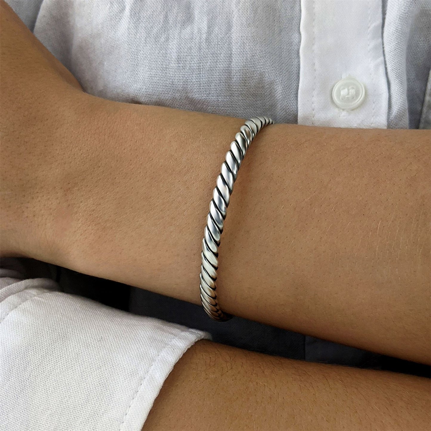 
                  
                    Sterling Silver Croissant Chunky Twisted Twist Rope Cuff Dome Bangle
                  
                