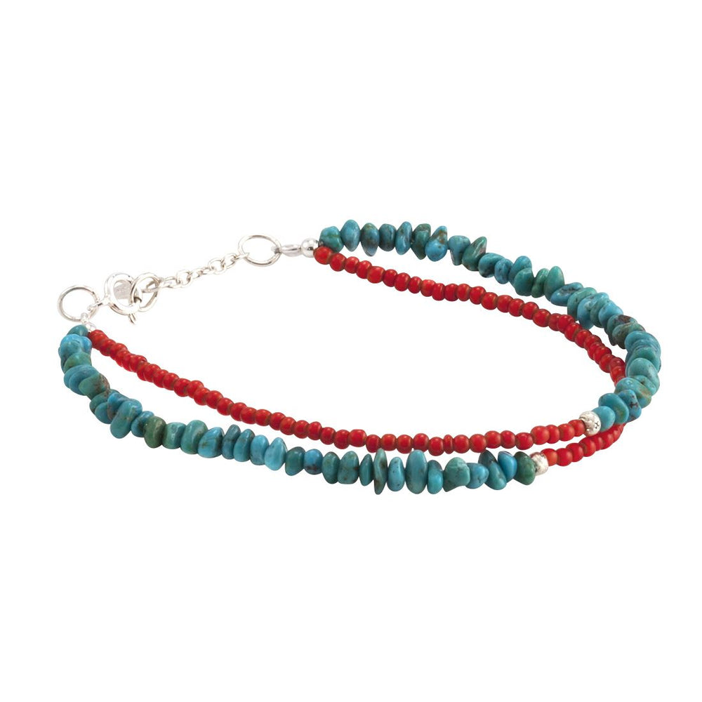 Sterling Silver Turquoise Coral Bead Gemstone Beaded Bracelet