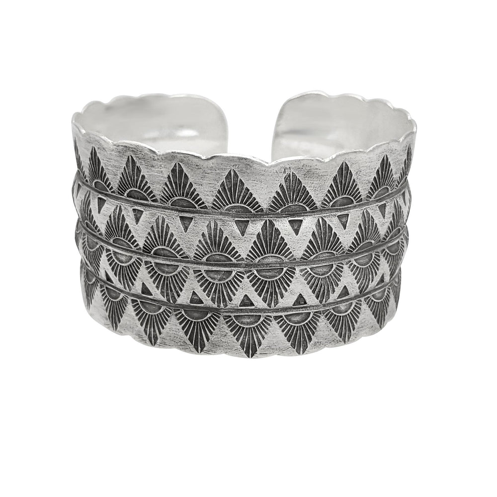 Hill Tribe Silver Wide Tribal Motif Boho Adjustable Cuff Bangle