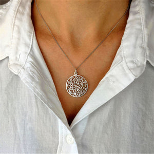 
                  
                    Sterling Silver Round Modern Filigree Circle Pattern Pendant Necklace
                  
                