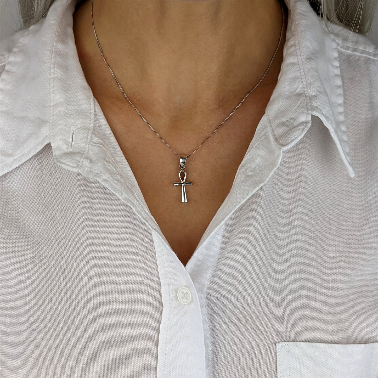 
                  
                    Sterling Silver Small Chunky Egyptian Ankh Cross Pendant Necklace
                  
                