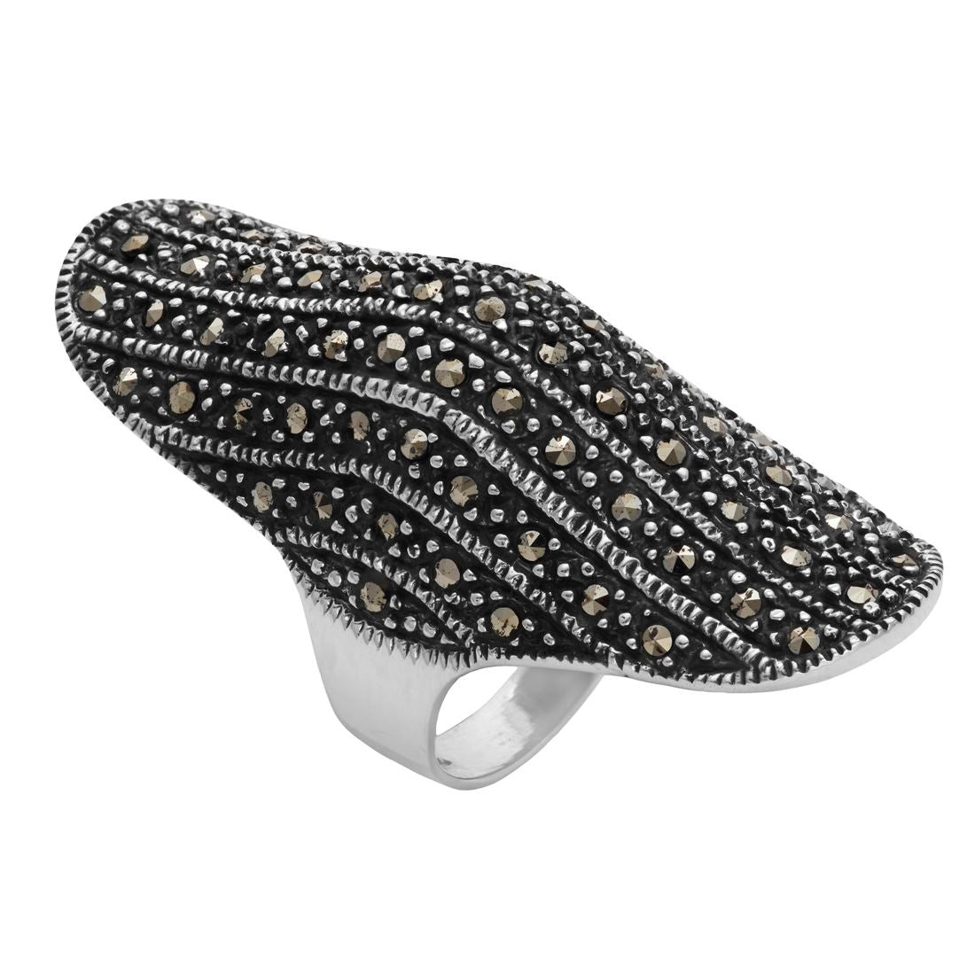 Sterling Marcasite Art Deco Style Long Armour Full Finger Ring
