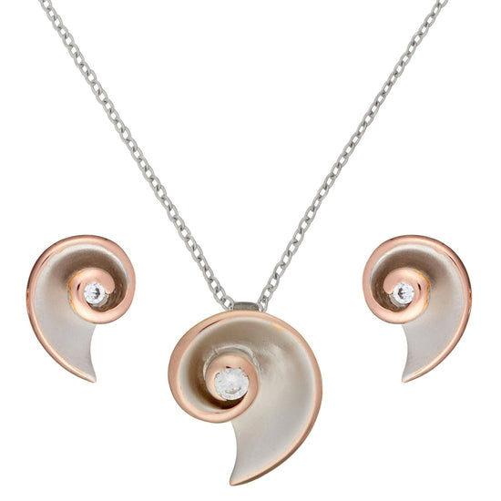Rose Gold Plated Sterling Silver Brushed CZ Spiral Shell Jewellery Set
