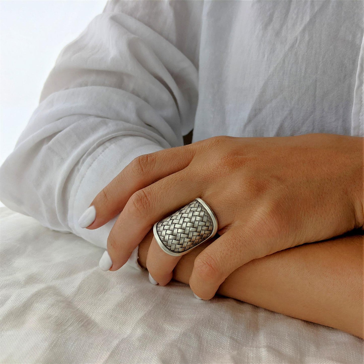 
                  
                    Hill Tribe Silver Wide Statement Braided Woven Half-Finger Ring
                  
                