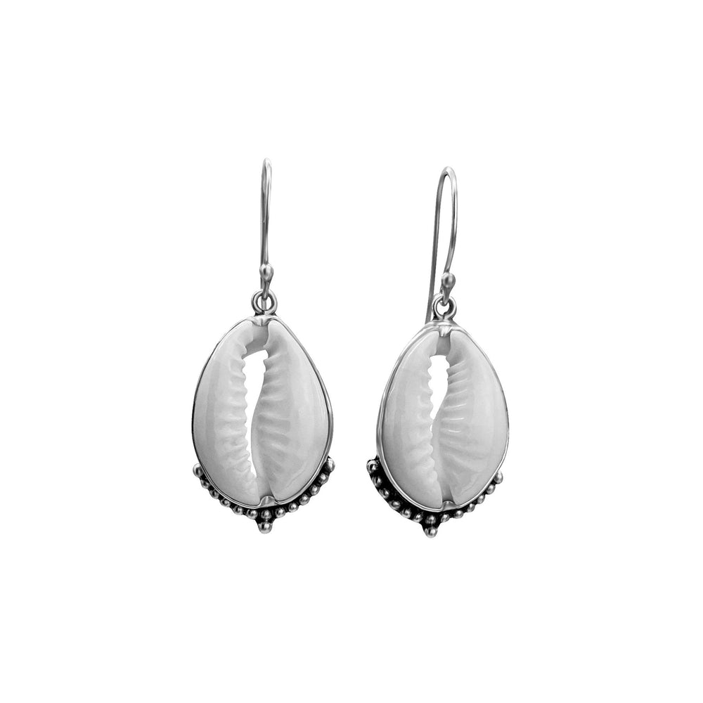 Sterling Silver Cowrie Shell Bali Dotwork Dangle Earrings Beach Style