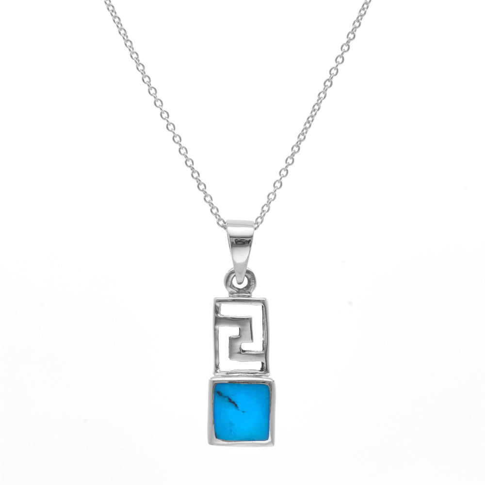 Sterling Silver Turquoise Small Rectangle Aztec Style Pendant Necklace