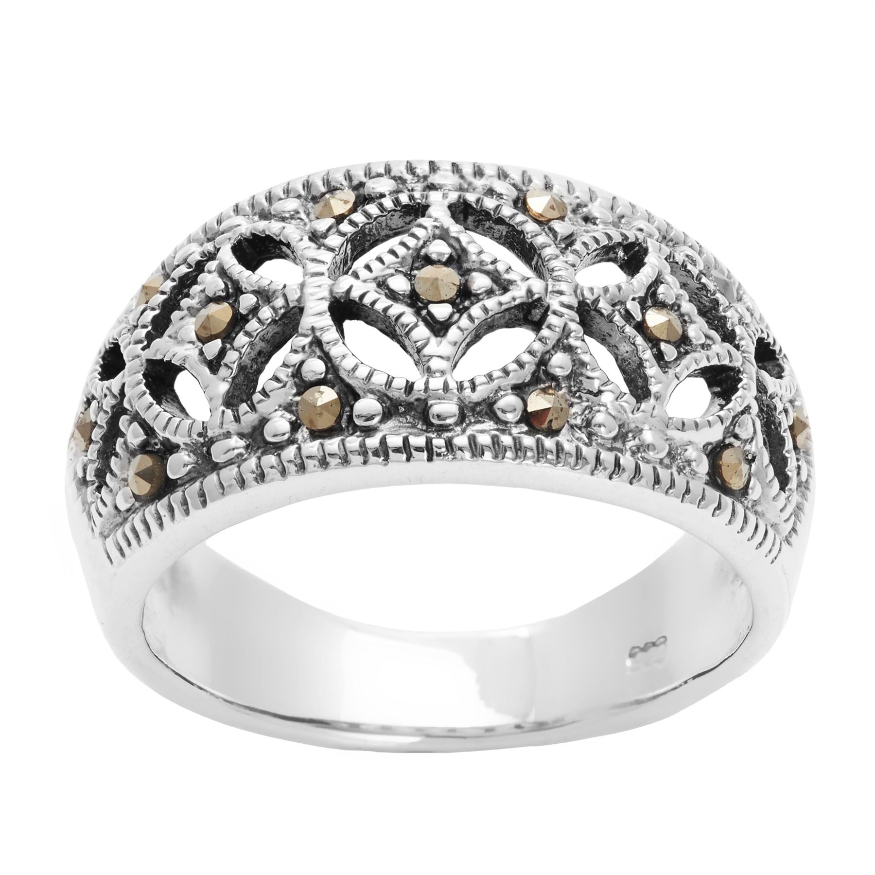 Sterling Marcasite Medieval Pattern Openwork Dome Ring 1920s Style