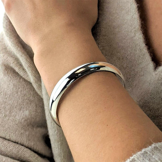 Sterling silver chunky bangle — wide statement bracelet for women