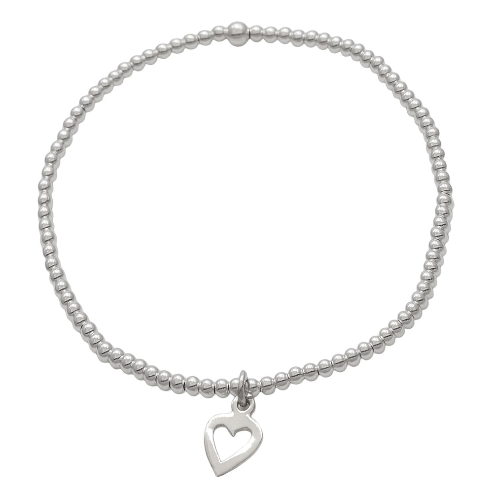 Sterling Silver Love Heart Charm Ball Bead Beaded Stretch Bracelet