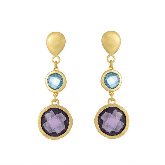 Gold Plated Sterling Silver Dangle Earrings With Purple & Blue Beads