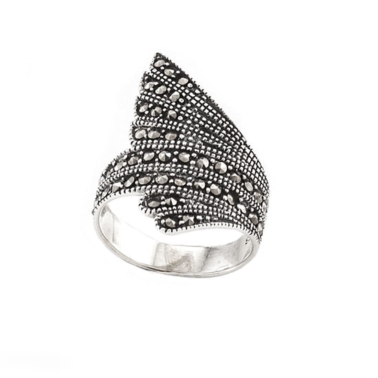 Sterling Silver Marcasite Vintage Art Deco Fan Shaped Feather Ring