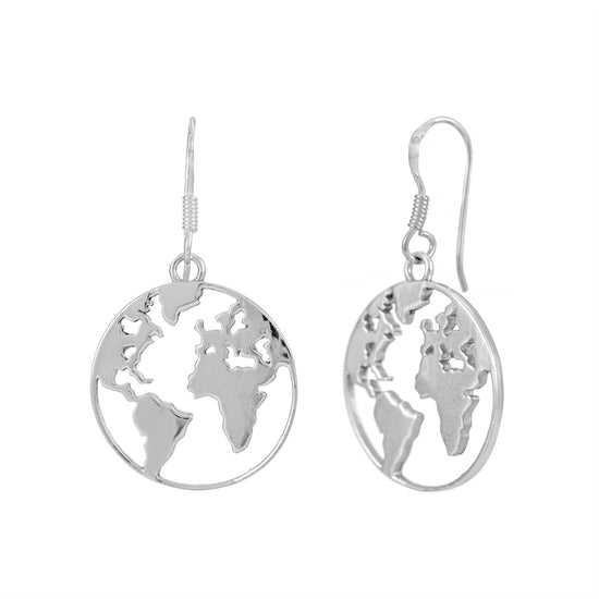 Sterling Silver Round Disc Cut-Out Earth Travel World Map Earrings
