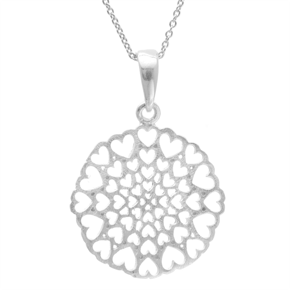 Sterling Silver Satin Round Kaleidoscope Pendant Love Heart Necklace