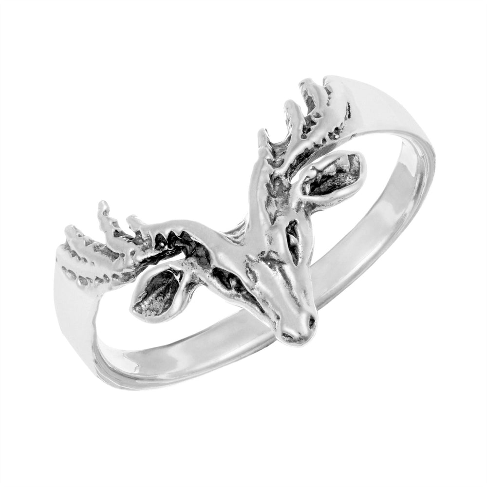 Sterling Silver Horned Deer Stag Buck Antler Ring Animal Band