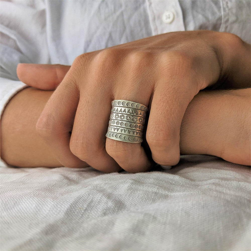 
                  
                    Hill Tribe Silver Wide Tribal Flower Sun Mountain Motif Adjustable Ring
                  
                