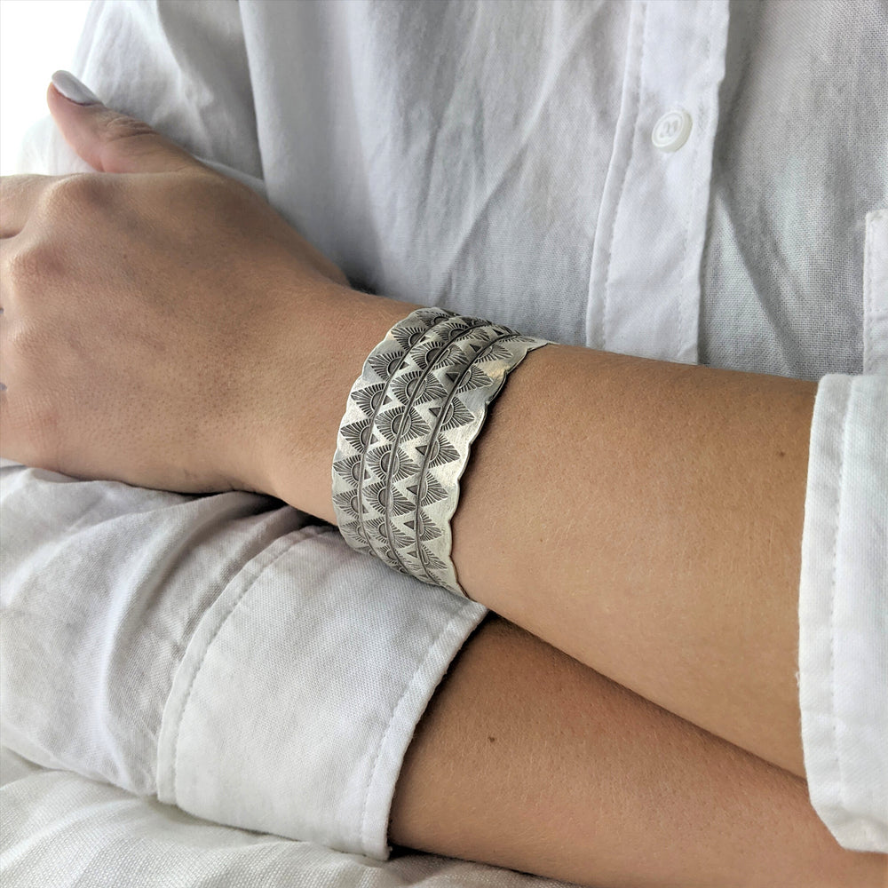 
                  
                    Hill Tribe Silver Wide Tribal Motif Boho Adjustable Cuff Bangle
                  
                