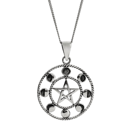 Sterling Silver Large Round Moon Phase Pentacle Pendant - Lunar Cycle Necklace