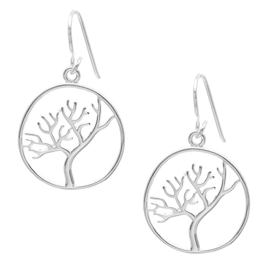 Sterling Silver Satin Finish Round Autumn Tree Circle Dangle Earrings