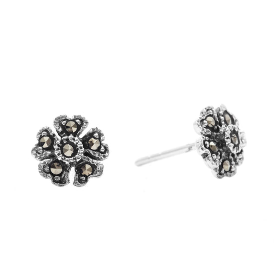 Sterling Silver Marcasite Flower Stud Earrings Small Studs