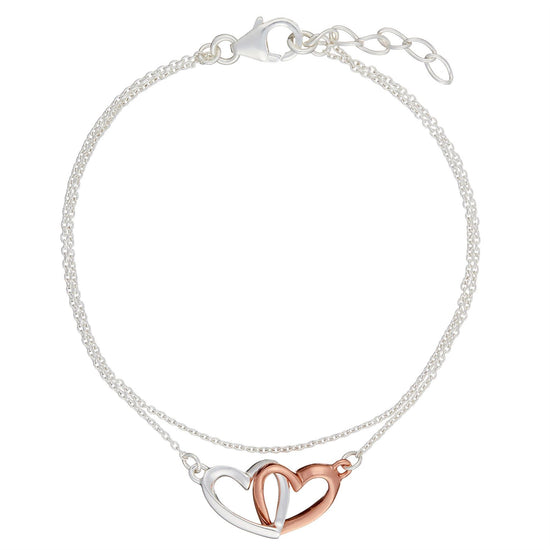 Rose Gold Plated Sterling Silver Double Heart Chain Link Bracelet
