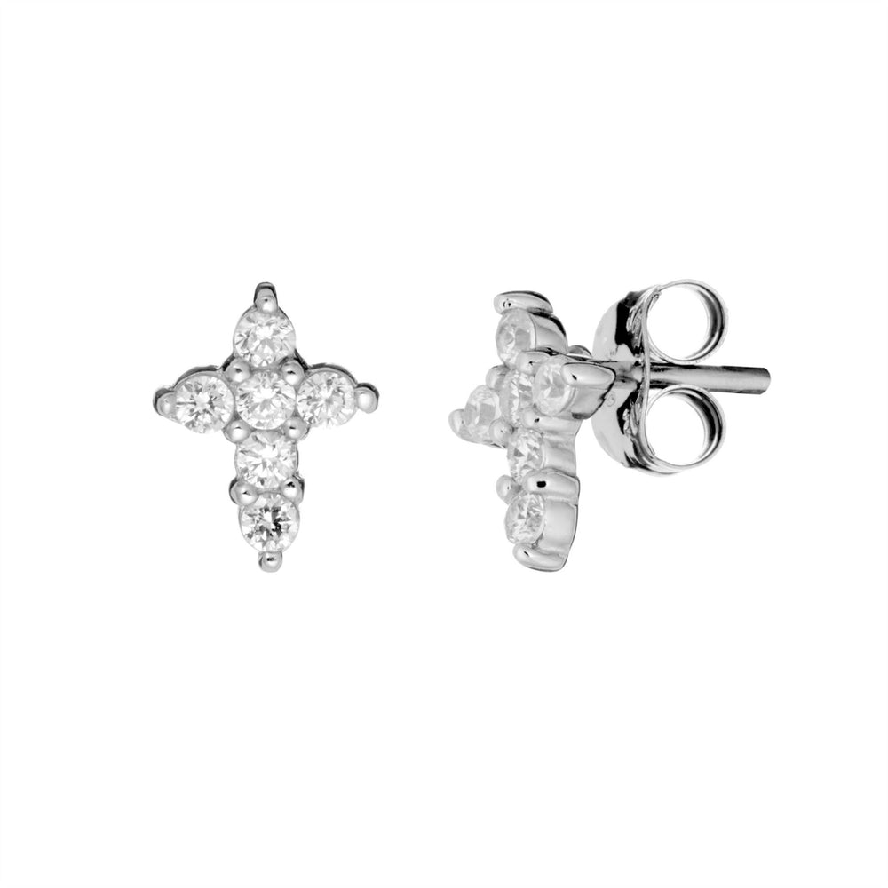 Sterling Silver Cubic Zirconia Small Sparkly Cross Stud Earrings