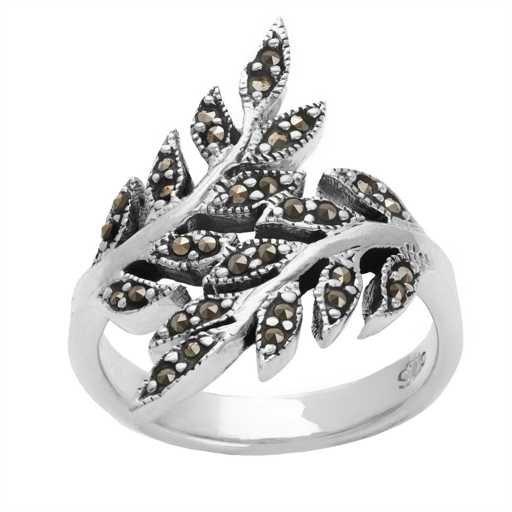 Sterling Silver Simulated Marcasite Overlapping Leaf Ring - Silverly