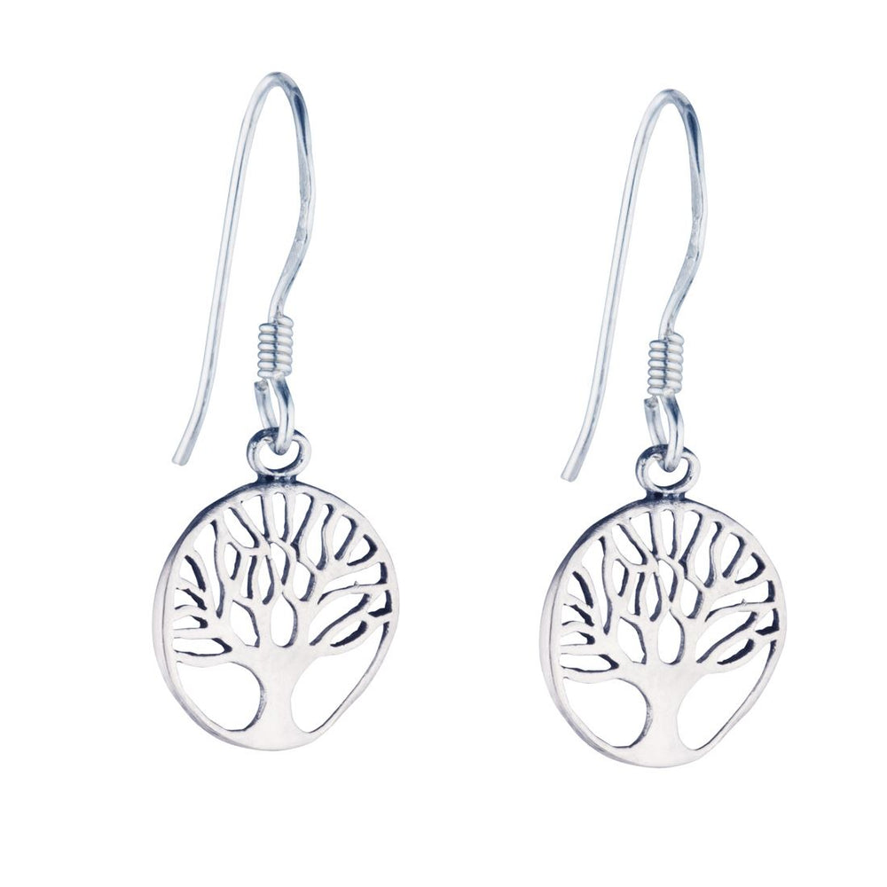 Sterling Silver Round Small Cut-Out Tree Of Life Dangle Earrings