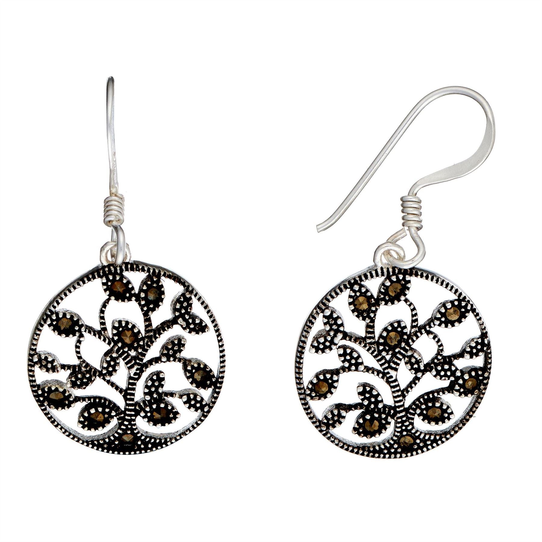 Sterling Marcasite Round Tree Life Dangle Earrings Wiccan Style