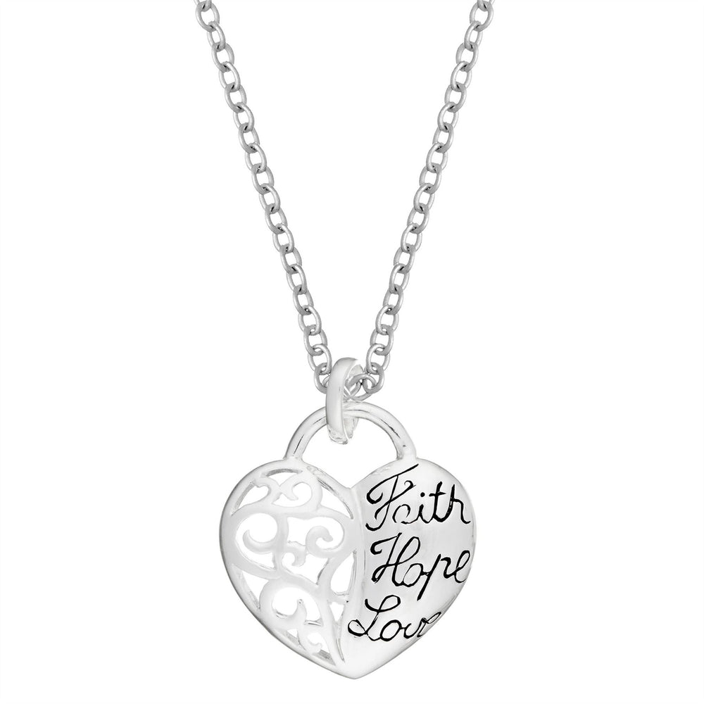 Sterling Silver "Faith Hope Love" Filigree Heart Pendant Necklace