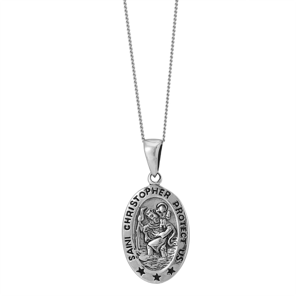 Sterling Silver Oval Coin St Christopher Pendant Necklace With Chain