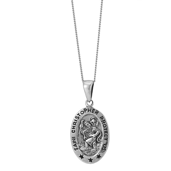 Sterling Silver Oval Coin St Christopher Pendant Necklace With Chain