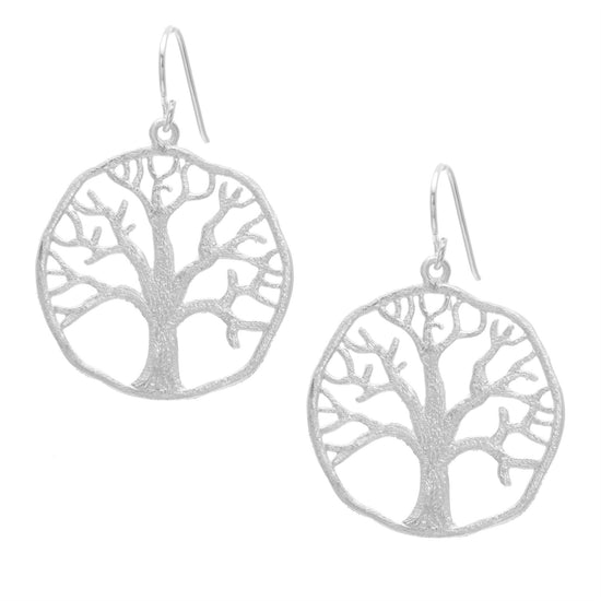 Sterling Silver Satin Finish Large Round Tree Of Life Dangle Earrings