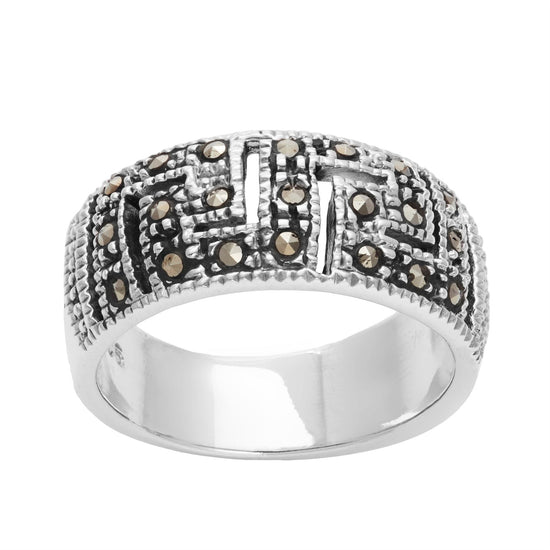 Sterling Silver Marcasite 1920s-Style Cut-Out Greek Key Ring - Wide Band