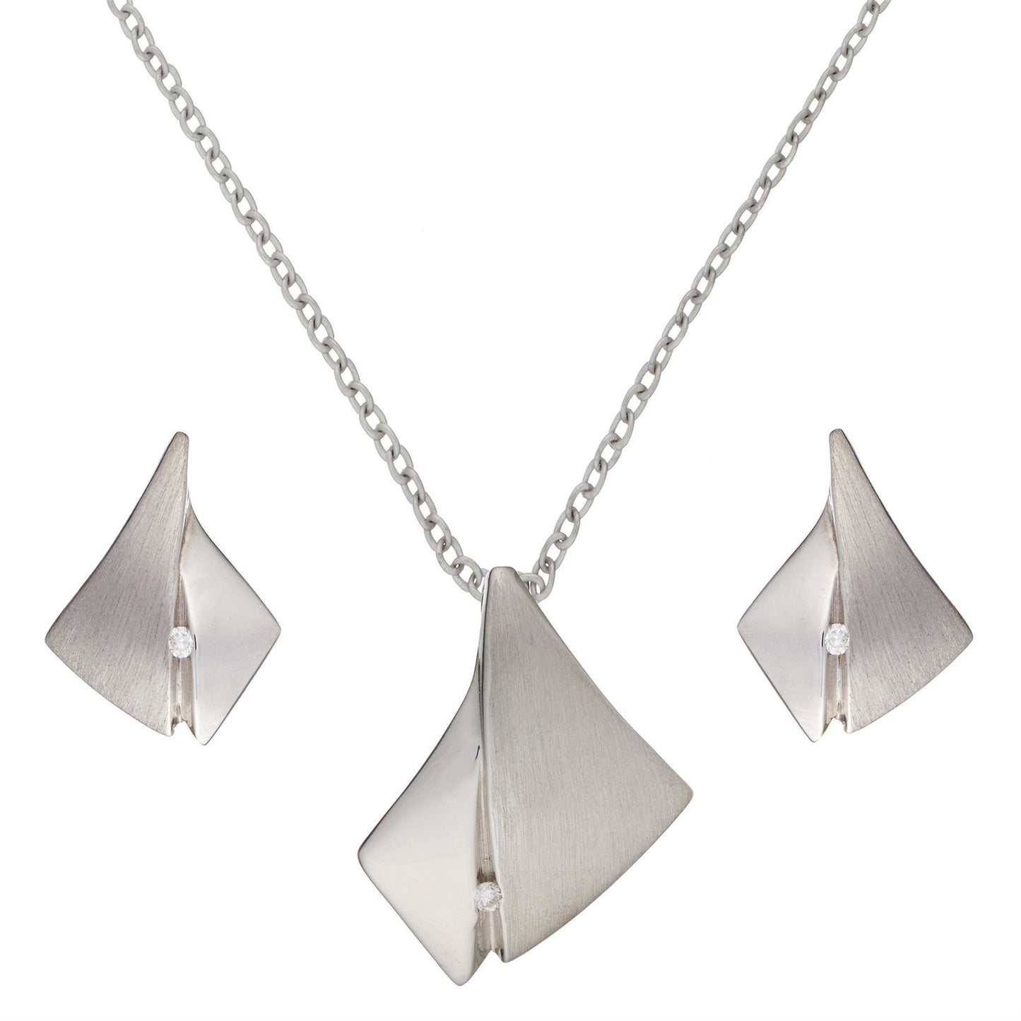 Sterling Silver 0.06 ct Diamond Half Satin Set - Silverly