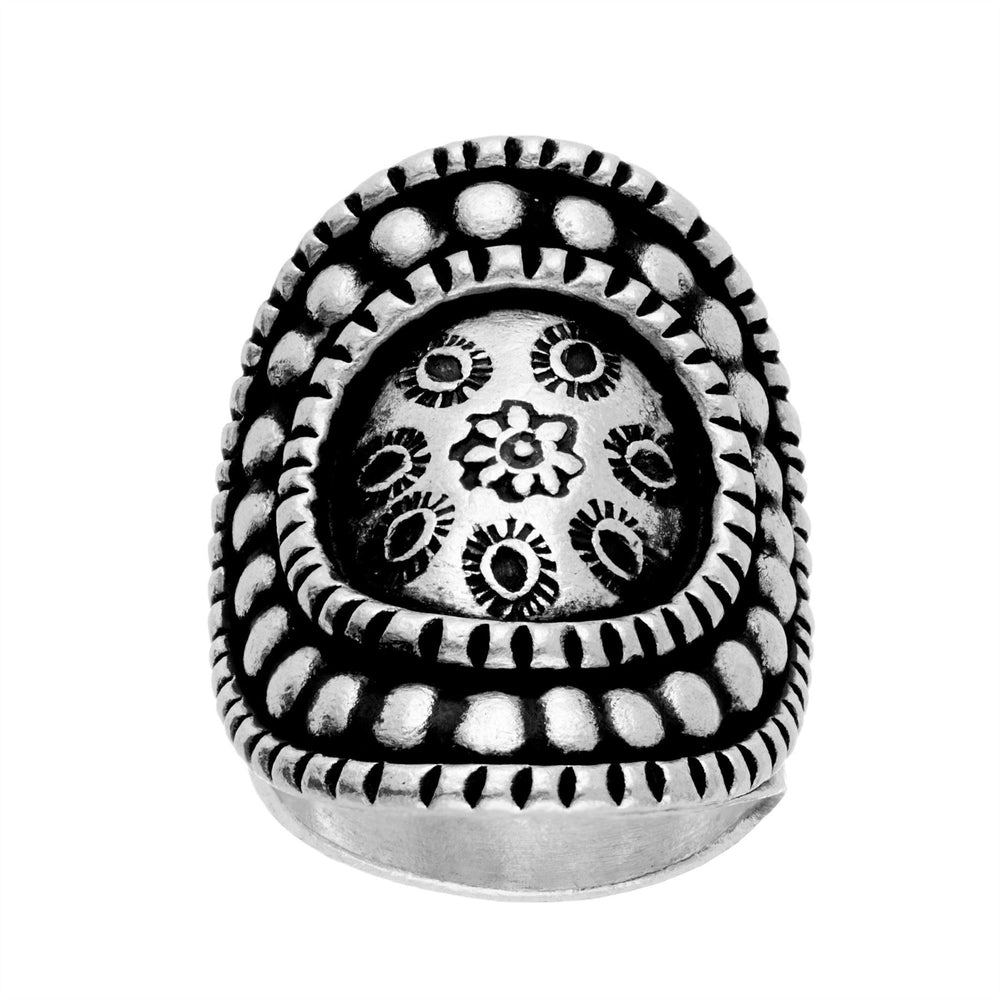 Hill Tribe Silver Wide Disc Engraved Flower Motif Adjustable Shield Ring