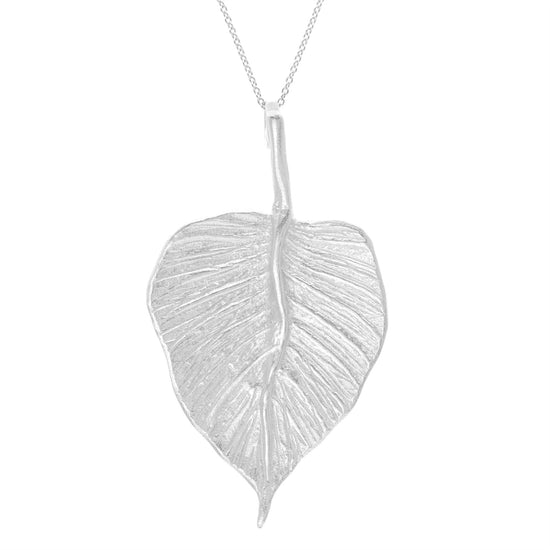 Sterling Silver Satin Large Detailed Textured Leaf Pendant Necklace