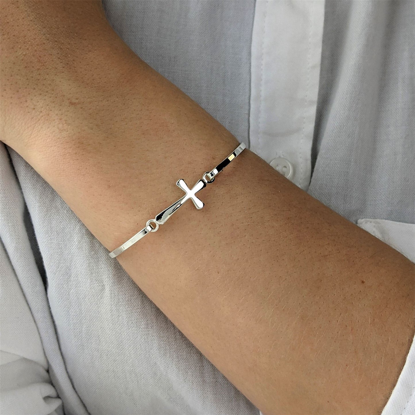 
                  
                    Sterling Silver Thin Elegant Medieval Cross Bangle With Hook Clasp
                  
                