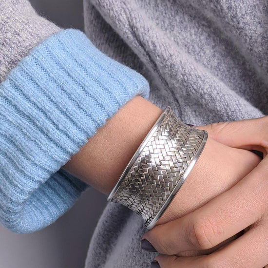 Karen Hill Tribe Silver Woven Concave Bangle -  Adjustable Wide Cuff