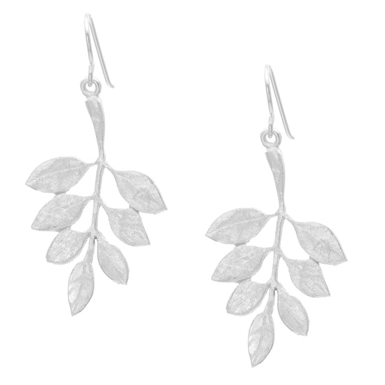 Sterling Silver Satin Finish Twig Plant Textured Leaf Dangle Earrings