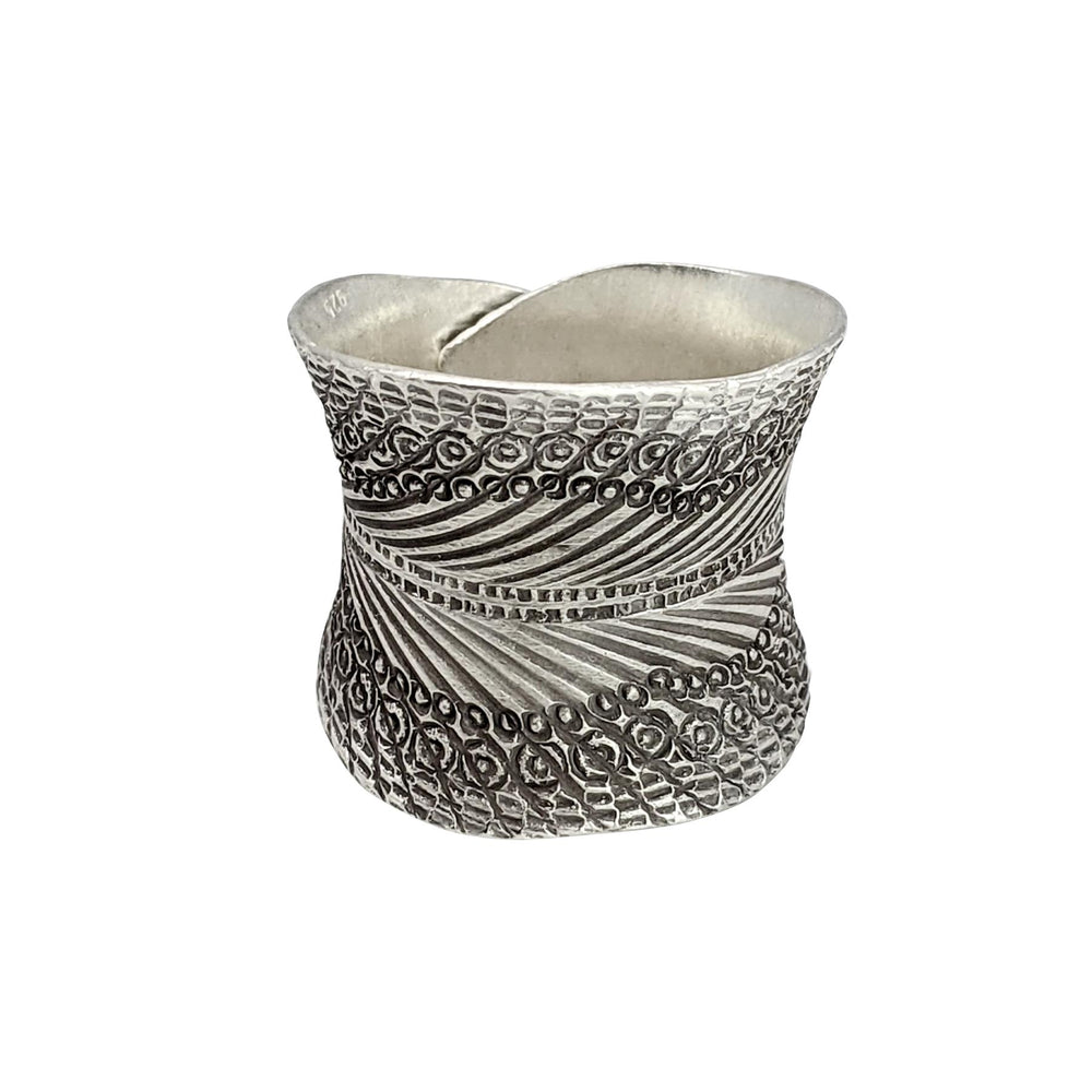 Karen Hill Tribe Silver Wide Boho Concave Band Leaf Motif Ring