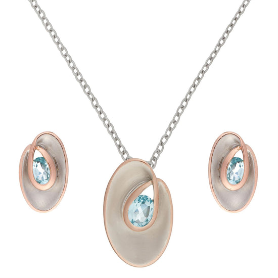 Rose Gold Plated Sterling Silver Brushed Blue Topaz Oval Jewellery Set