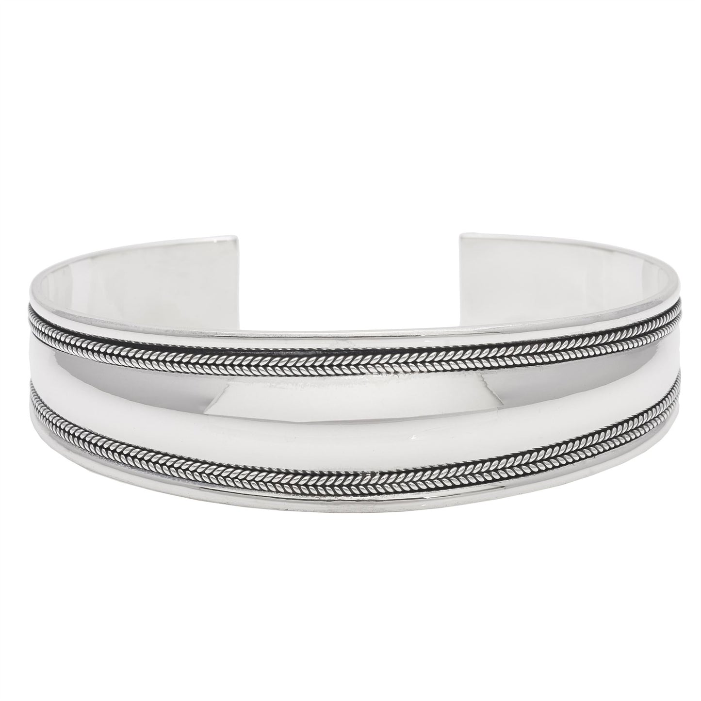 Sterling Silver Rope Design Thick Cuff Bracelet - Silverly