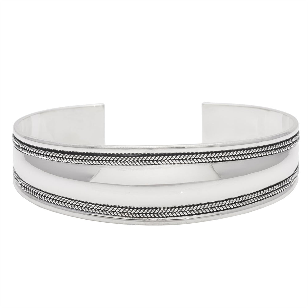 Sterling Silver Rope Design Thick Cuff Bracelet - Silverly