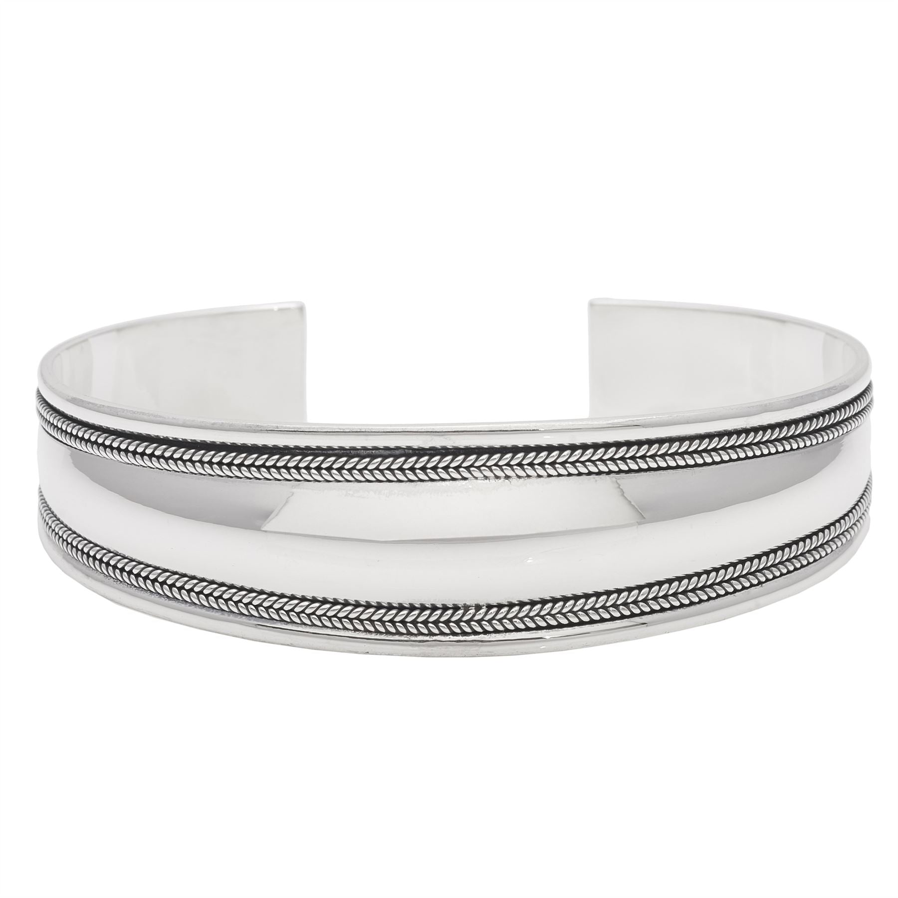Sterling Rustic Style Rope Braid Design Wide Cuff Open Bangle