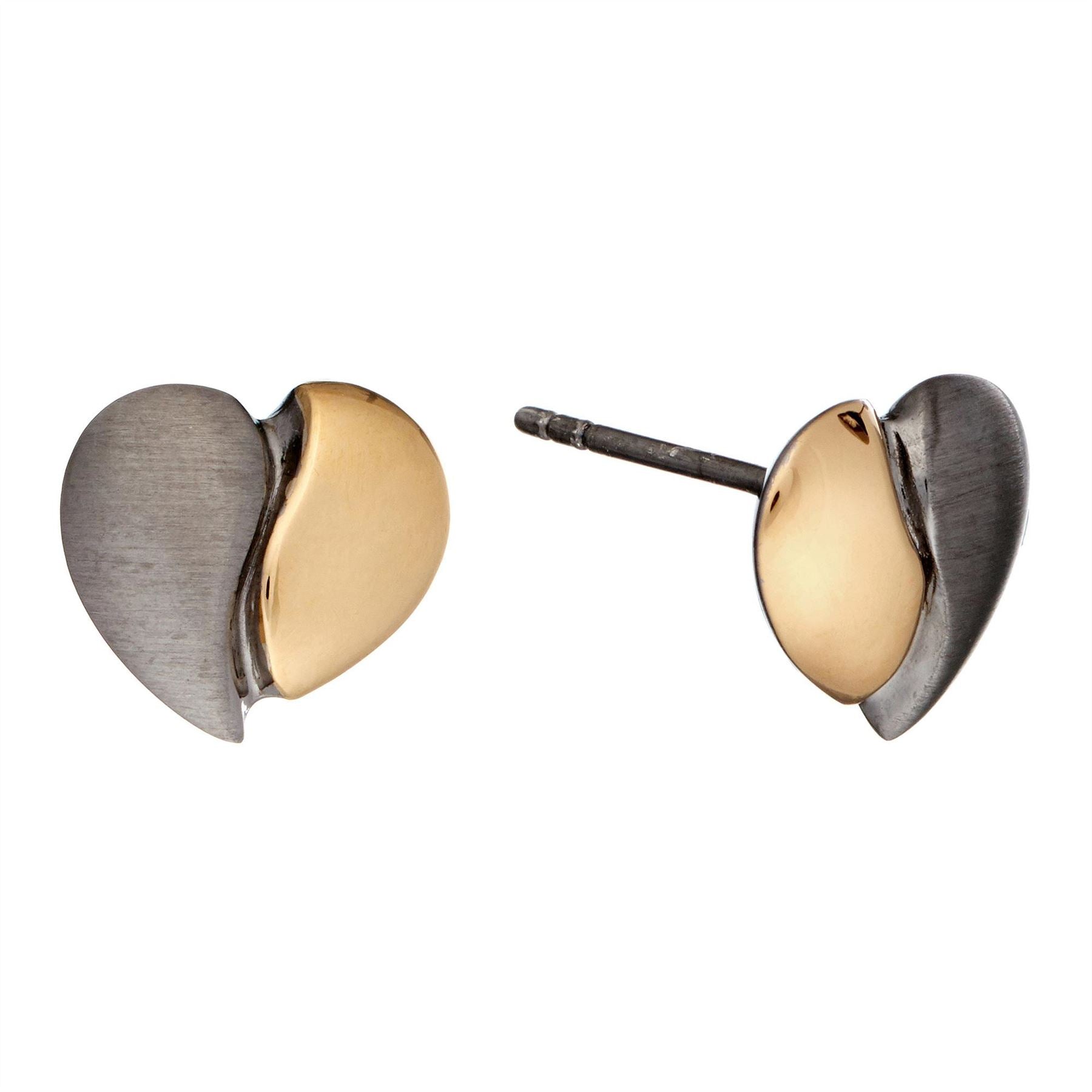 Plated Sterling Silver Brushed Two Tone Half Heart Stud Earrings