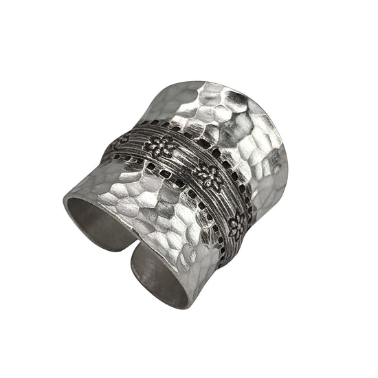 Karen Hill Tribe Silver Hammered Flower Motif Full-Finger Ring - Wide Concave Band