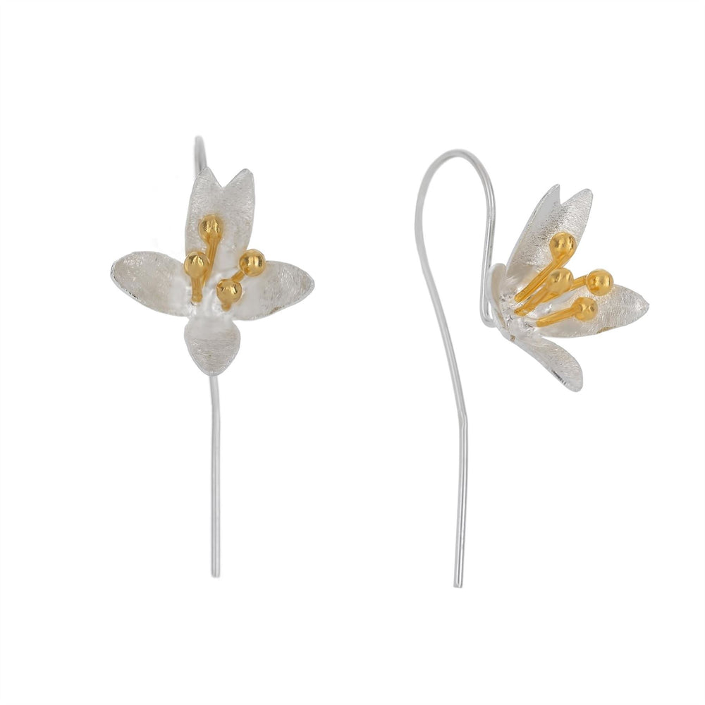 Brushed Gold Plated Sterling Silver Flower Long Lily Threader Earrings